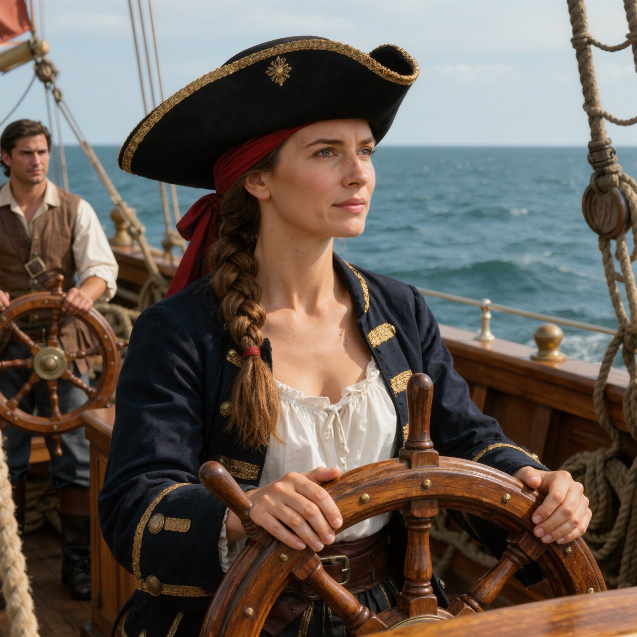 A pirate woman wearing a tricorne hat and an open coat stands behind the helmsman, scanning the horizon for danger. — Kling v3 Omni