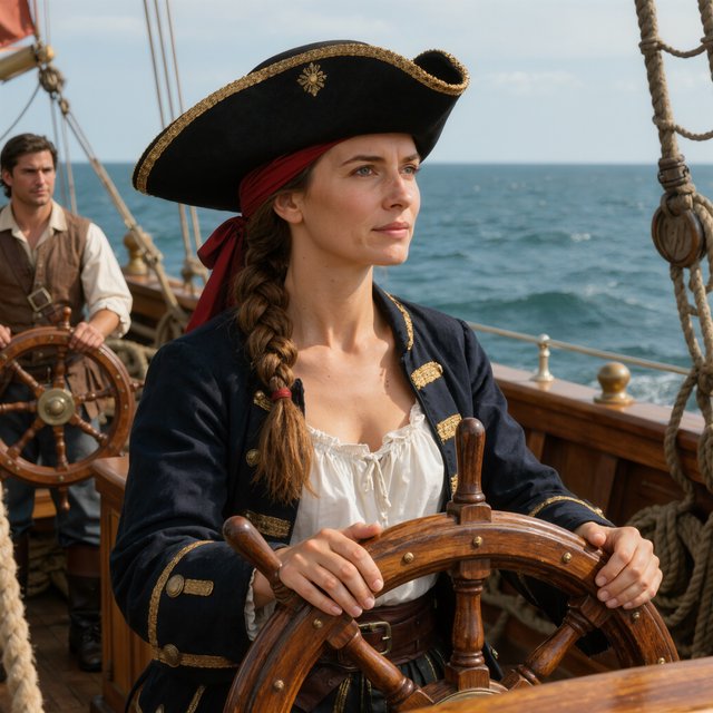 A pirate woman wearing a tricorne hat and an open coat stands behind the helmsman, scanning the horizon for danger. — Kling v3 Omni