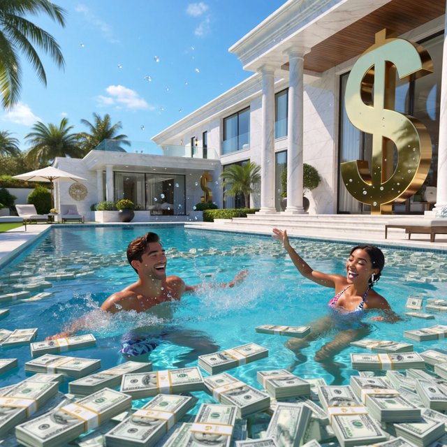 A wealthy adult couple swimming in a huge pool full of money, near a huge mansion with dollar signs on it, with a fun, happy vibe. — ImagineArt 2