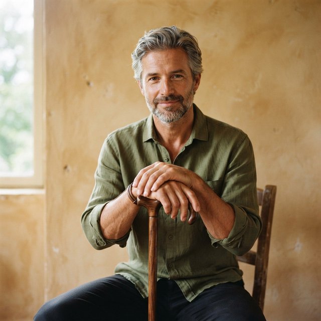 Portrait photograph of an adult man in his 40s with silver-streaked hair, wearing a textured olive linen shirt and rolled sleeves, hands resting on a wooden cane, relaxed expression, ochre plaster backdrop, soft window light from the side. — Nano Banana 2 Lite