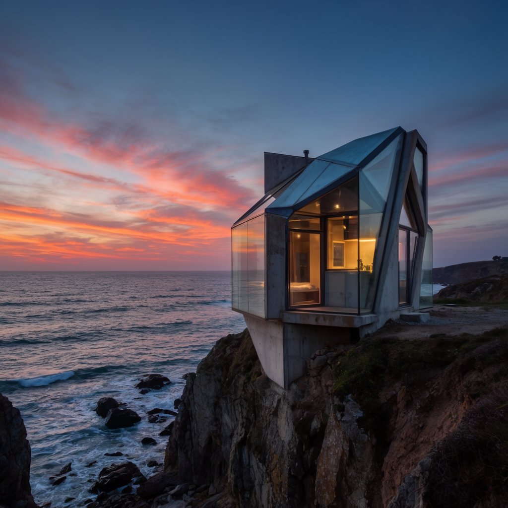 Exterior of a small concrete-and-glass house on a cliff above the sea, dusk, interior lights on, architectural photography. — Krea 2 Large