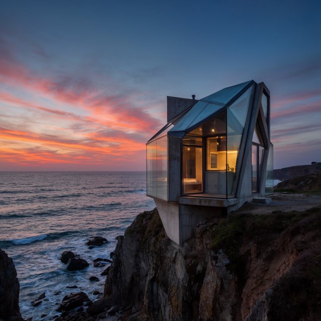 Exterior of a small concrete-and-glass house on a cliff above the sea, dusk, interior lights on, architectural photography. — Krea 2 Large