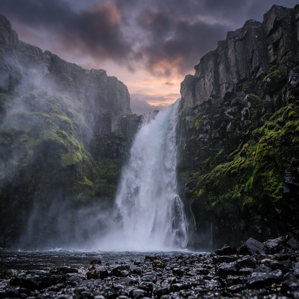 After a passing squall, a waterfall drops through a narrow basalt gorge at dusk, its white plume breaking against dark ledges; rain-beaded moss and sharp foreground stones lead toward cliffs fading behind drifting spray. — Krea 2 Large
