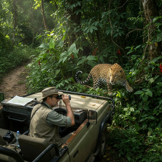 An adult on a jungle safari in his car, with a leopard lurking behind him in the bushes — Grok Imagine Image Quality