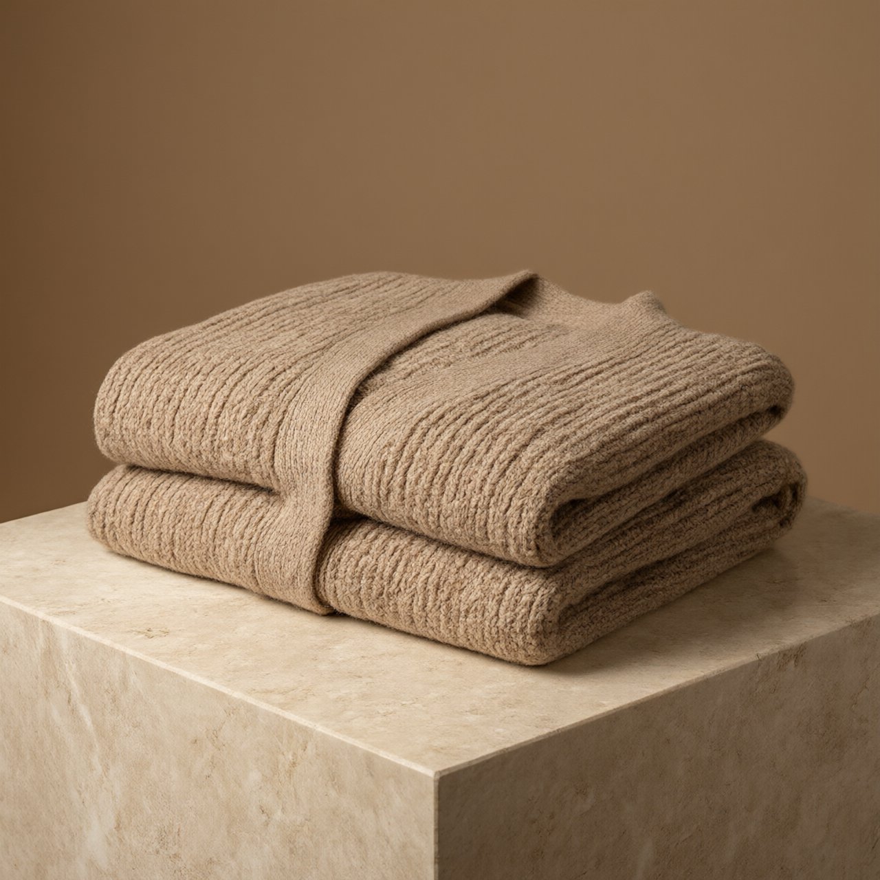 A folded unbranded merino cardigan rests on a honed limestone plinth, its chunky ribbed wool surface softly catching broad overhead diffusion and warm side bounce against a muted clay backdrop, with no tags, lettering, or graphics. — Qwen Image 3.0