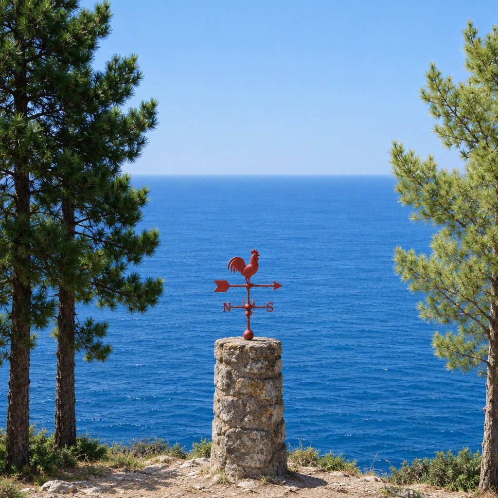 At a coastal overlook, a small red weather vane stands on a stone post. Exactly two dark-green pine trees line the left edge and one pale-green pine tree stands at the right edge; a blue sea fills the background, nothing else. — GPT Image 2.5 Flare