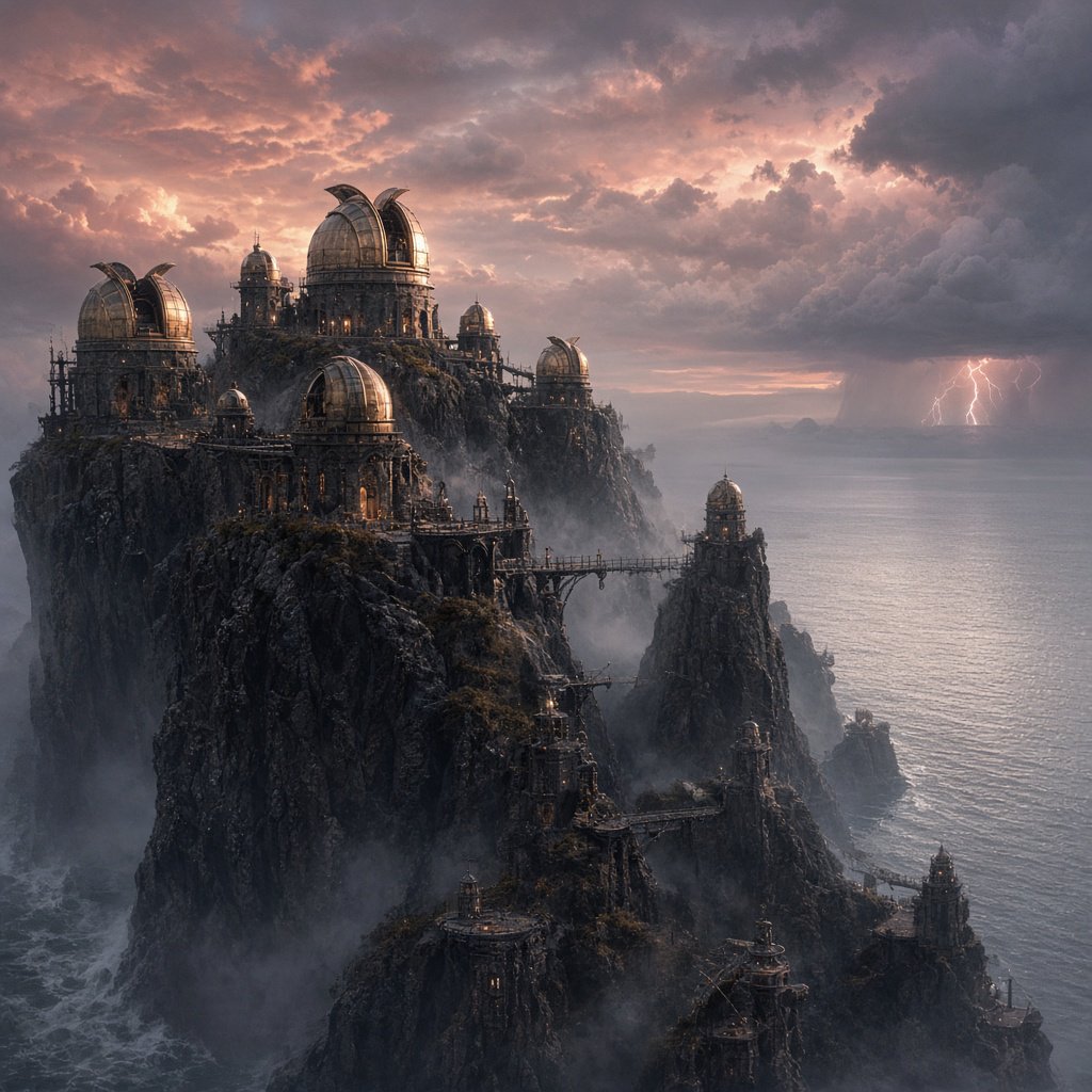 A wind-carved observatory crowns black cliffs above a silver inland sea, its open brass domes catching the last rose light. Salt mist drifts through suspended bridges as distant storms flicker beyond the horizon. — Grok Imagine Image 2