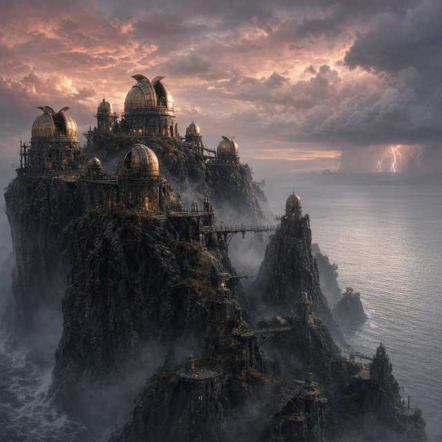 A wind-carved observatory crowns black cliffs above a silver inland sea, its open brass domes catching the last rose light. Salt mist drifts through suspended bridges as distant storms flicker beyond the horizon. — Grok Imagine Image 2