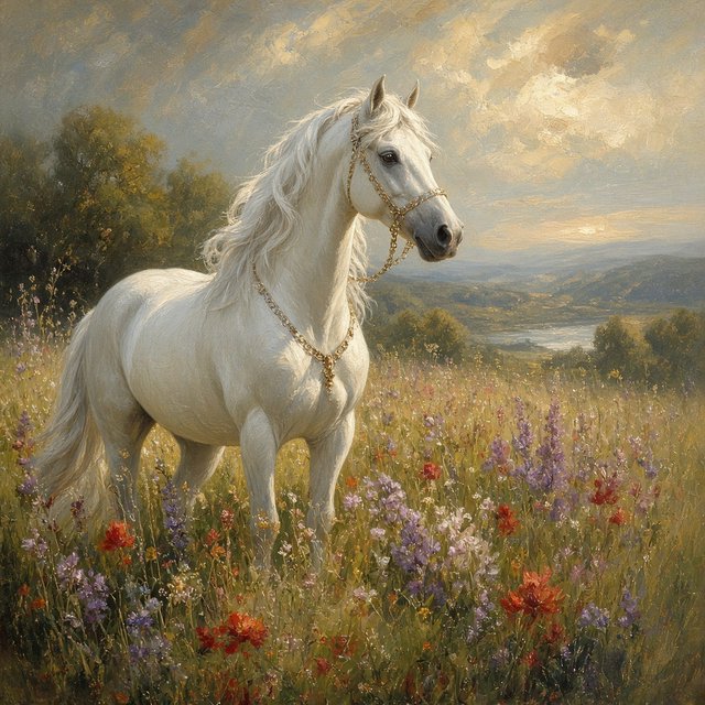a regal white horse with a flowing mane, standing in a sun-dappled meadow filled with vibrant wildflowers. Gentle light illuminates the scene, highlighting the horse's powerful physique and the delicate details of the flowers. The style is reminiscent of Romantic era landscape paintings with a soft, impressionistic touch. — Grok Imagine Image 2