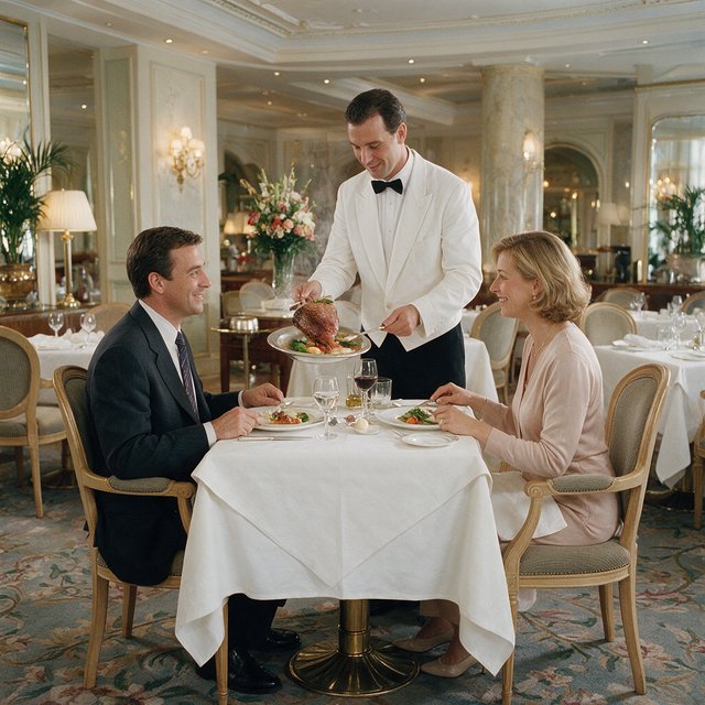 A very posh, well-lit 1990s restaurant with beautiful, tasteful decor. A husband and wife dine in a high-class restaurant. The waiter serves something very surprising as the main course! — Seedream 5.0 Pro