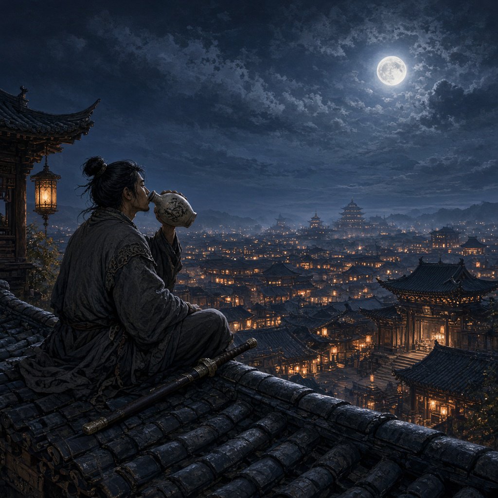A lone Chinese swordsman sits on a tiled rooftop in ancient China at night, gazing over a lantern-lit city while drinking from a ceramic wine flask, moonlight bathing the quiet scene. — Grok Imagine Image 2