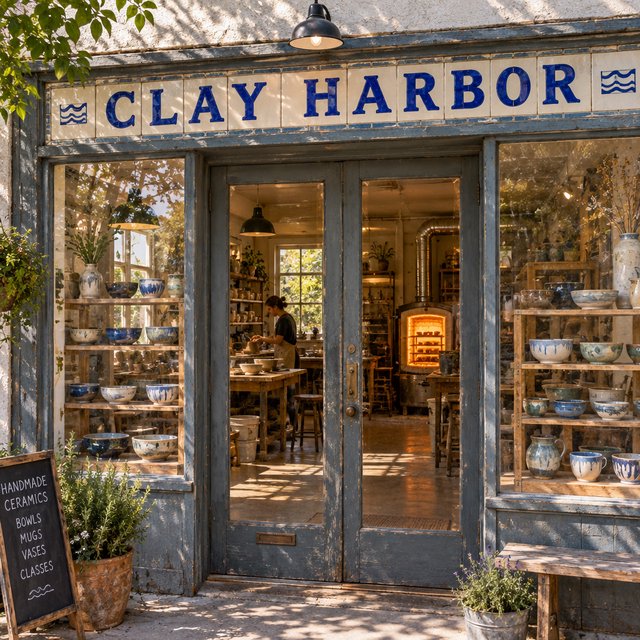 A sunlit ceramicist's studio storefront displays glazed bowls behind dusty glass doors; "CLAY HARBOR" is printed in cobalt-blue block letters across a cream tile transom above the entrance, with kiln warmth glowing inside. — GPT Image 2.5 Flare