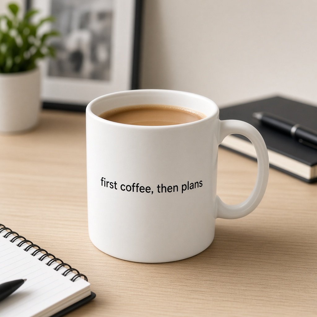 A white ceramic mug on a desk with the words "first coffee, then plans" printed in black lowercase sans-serif. — Grok Imagine Image 2