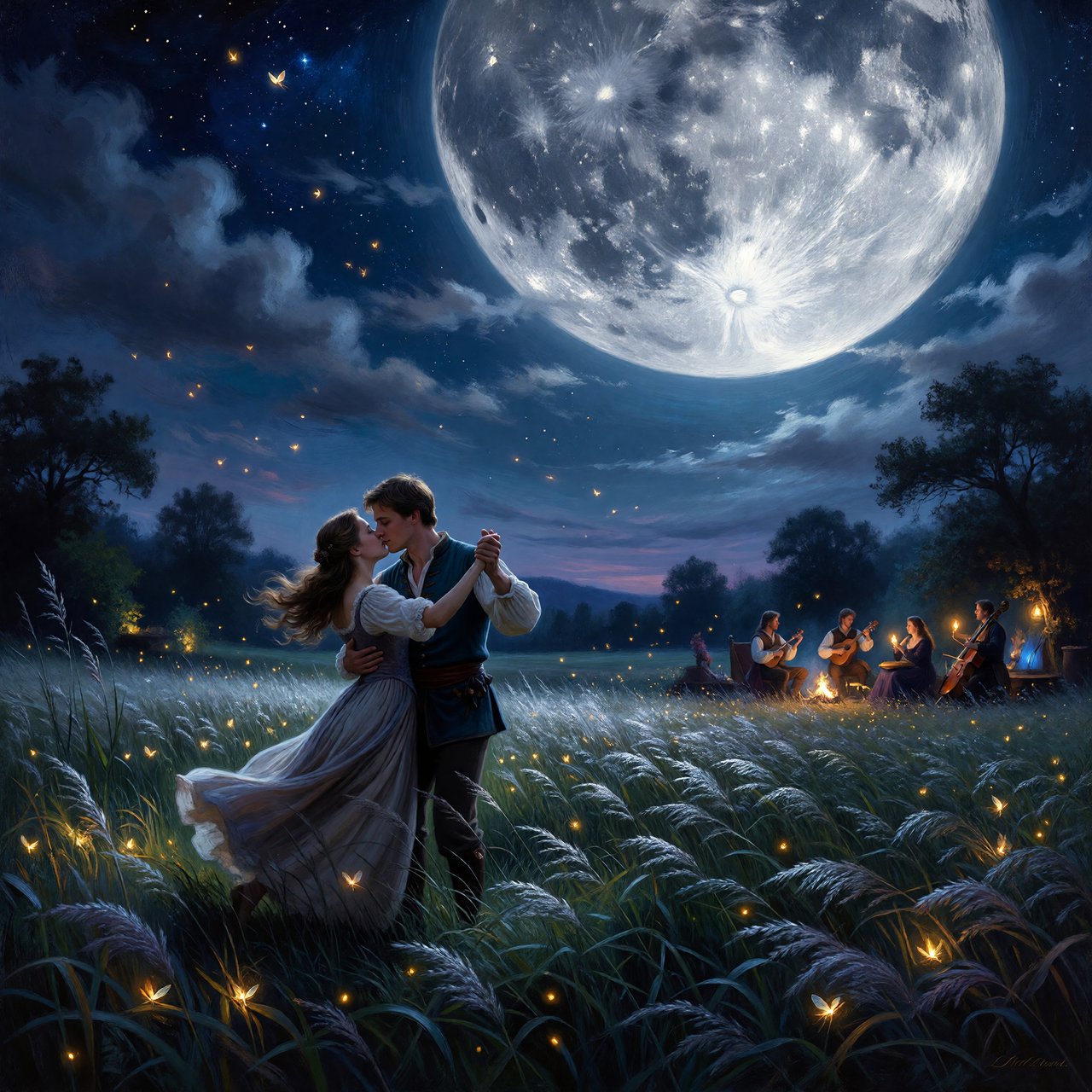 An illustration of a young adult European couple sharing a kiss while dancing in a moonlit meadow, with tall grass, fireflies, musicians playing music, and a huge silver moon overhead. — ImagineArt 1.5 Pro