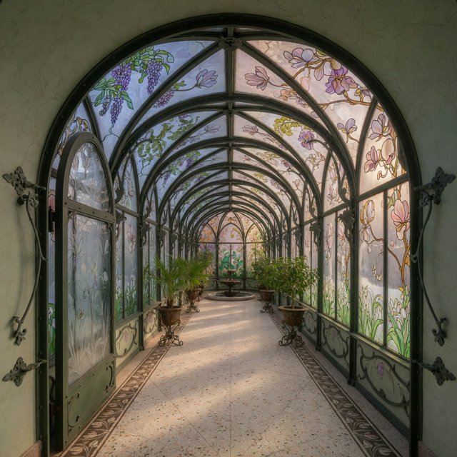 Interior of an Art Nouveau winter garden, curved iron ribs, cream terrazzo floor, hand-painted botanical glass panels, filtered late-afternoon sunlight, viewed from the entrance along the central axis, elegant geometry and believable load-bearing structure. — Grok Imagine Image Quality