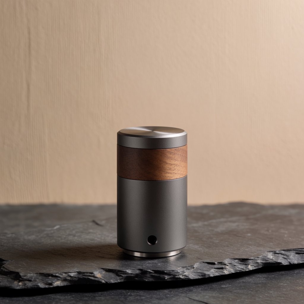Commercial product photograph of an unbranded portable espresso grinder crafted from anodized aluminum with walnut accents, resting on a black stone surface against a warm beige background, illuminated by broad diffused studio light and a subtle edge highlight. — Krea 2 Medium