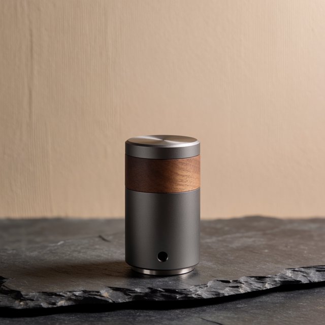 Commercial product photograph of an unbranded portable espresso grinder crafted from anodized aluminum with walnut accents, resting on a black stone surface against a warm beige background, illuminated by broad diffused studio light and a subtle edge highlight. — Krea 2 Medium