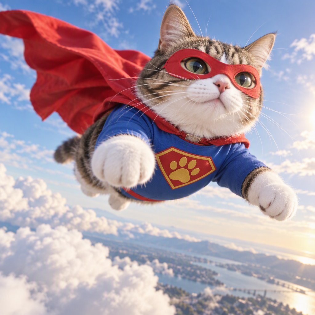 A cat flying in the sky wearing a super kitty costume. — GPT Image 2.5 Sunburst