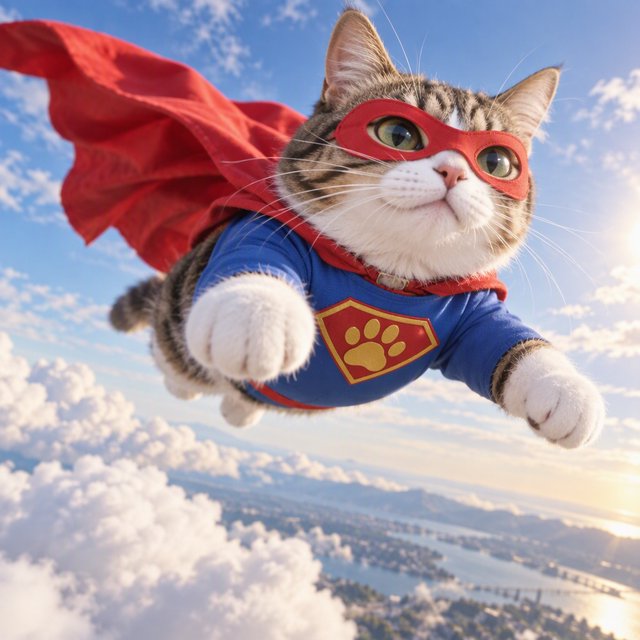 A cat flying in the sky wearing a super kitty costume. — GPT Image 2.5 Sunburst