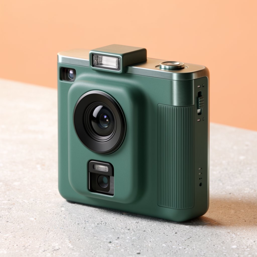 Commercial product photograph of an unbranded compact instant camera in matte forest-green polymer with brushed steel details, resting on a pale concrete surface against a warm peach background, illuminated by broad diffused studio light and a soft rim light. — Krea 2 Large