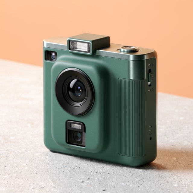 Commercial product photograph of an unbranded compact instant camera in matte forest-green polymer with brushed steel details, resting on a pale concrete surface against a warm peach background, illuminated by broad diffused studio light and a soft rim light. — Krea 2 Large