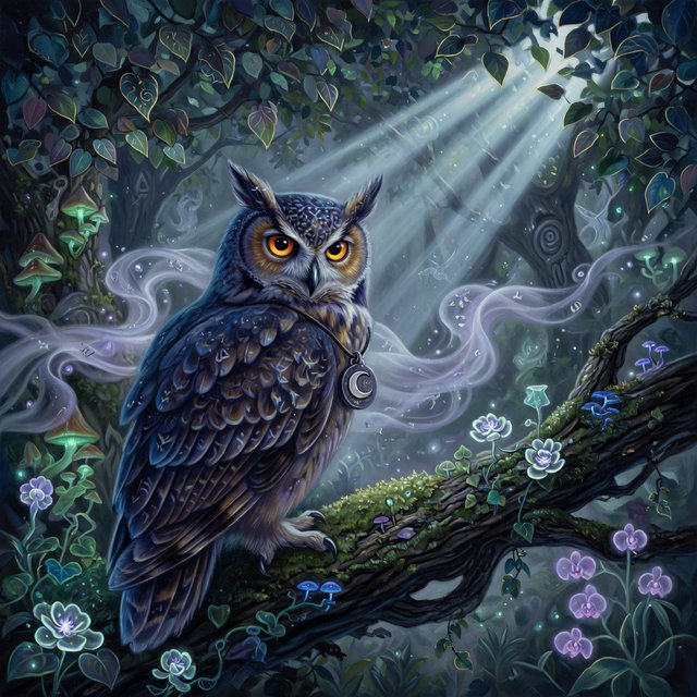 A majestic owl with ancient, knowing eyes perched on a gnarled branch within an ethereal forest. Moonlight filters through the dense canopy, illuminating swirling mists and glowing flora. The scene evokes a sense of deep mystery and ancient magic. Rendered in the style of magical realism with rich oil painting textures. — Grok Imagine Image Quality