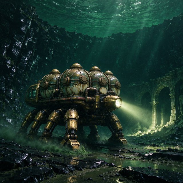 A brass-and-ceramic deep-sea crawler with arched pressure tanks trundles across the floor of a sunken obsidian caldera. Its searchlight cuts through green silt, revealing ruined stone arches far below the surface. — Seedream 5.0 Flash