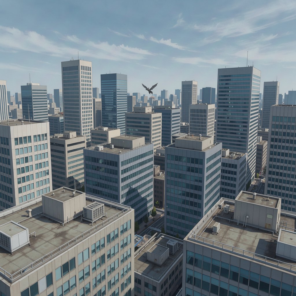 Clean cel-shaded painted cityscape, wide high-angle elevated rooftop level shot looking out over dense modern downtown office buildings, small dark winged figure hovering above central midground rooftops, pale overcast deep blue sky with wispy white clouds, diffused even daylight lighting with soft subtle ambient shadows, muted cool grey, beige, blue building facades with uniform office windows, flat concrete building rooftops, receding hazy distant city skyline with atmospheric perspective, eye level relative to building tops, no outlines, smooth flat color rendering, no grain. — FLUX 3 Image