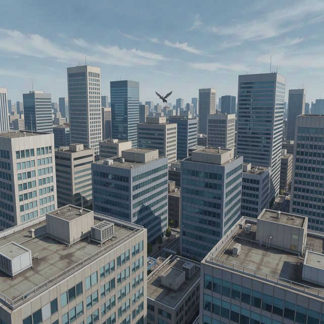 Clean cel-shaded painted cityscape, wide high-angle elevated rooftop level shot looking out over dense modern downtown office buildings, small dark winged figure hovering above central midground rooftops, pale overcast deep blue sky with wispy white clouds, diffused even daylight lighting with soft subtle ambient shadows, muted cool grey, beige, blue building facades with uniform office windows, flat concrete building rooftops, receding hazy distant city skyline with atmospheric perspective, eye level relative to building tops, no outlines, smooth flat color rendering, no grain. — FLUX 3 Image