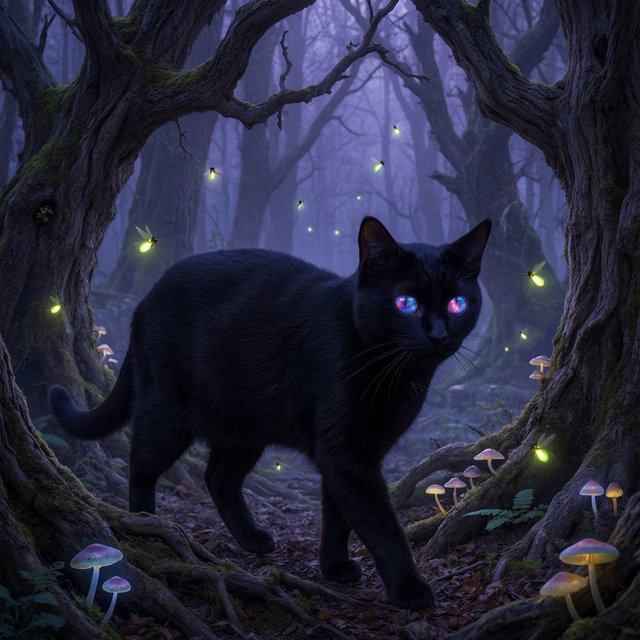 A sleek, obsidian cat with fur that seems to absorb all light, walks with quiet grace through a tranquil, mist-shrouded forest. Its eyes glow with an inner cosmic energy, reflecting distant nebulae. Ethereal fireflies drift around it, illuminating ancient, gnarled trees and glowing mushrooms. The style is deeply atmospheric, emphasizing soft focus and a palette of deep purples and blues. — Qwen Image 3.0 Pro