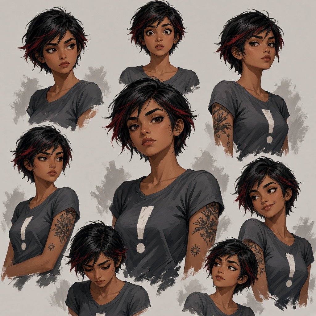 Character exploration sheet of the same 25-year-old Indian woman in several bust and waist-up studies, varied expressions and three-quarter views, one larger central portrait. Warm brown skin, black pixie haircut with red streaks, tattoos, tight T-shirt bearing an exclamation mark (!). Plain warm light-gray background, irregular painted edges. Stylized semi-realistic digital painting with animation-inspired proportions, large expressive eyes, strong brows, simplified anatomy and convincing volume. Minimal linework, soft blended facial shading, broad angular brushstrokes on clothing. Luminous warm brown skin with terracotta undertones, subtle blush, restrained highlights. Hair painted in sculpted masses with broad highlights and fine flyaways. Muted charcoal and earthy neutrals, soft directional studio lighting, detailed eyes and lips, loose edges and unfinished brushwork. — Grok Imagine Image 2