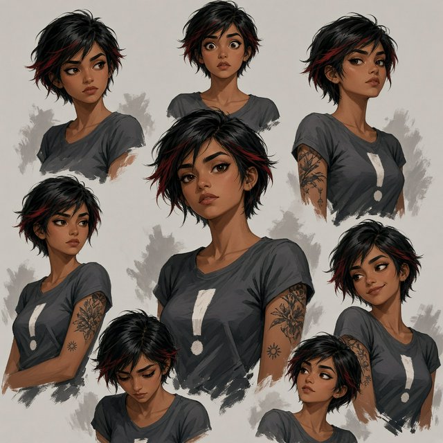 Character exploration sheet of the same 25-year-old Indian woman in several bust and waist-up studies, varied expressions and three-quarter views, one larger central portrait. Warm brown skin, black pixie haircut with red streaks, tattoos, tight T-shirt bearing an exclamation mark (!). Plain warm light-gray background, irregular painted edges. Stylized semi-realistic digital painting with animation-inspired proportions, large expressive eyes, strong brows, simplified anatomy and convincing volume. Minimal linework, soft blended facial shading, broad angular brushstrokes on clothing. Luminous warm brown skin with terracotta undertones, subtle blush, restrained highlights. Hair painted in sculpted masses with broad highlights and fine flyaways. Muted charcoal and earthy neutrals, soft directional studio lighting, detailed eyes and lips, loose edges and unfinished brushwork. — Grok Imagine Image 2