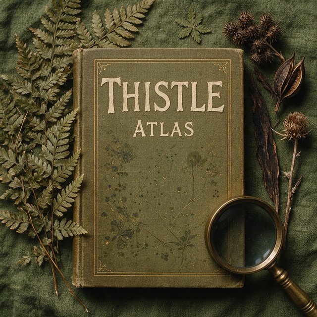 Pressed fern fronds, seed pods, and a magnifying lens frame a naturalist’s field-guide book cover on moss-green cloth; “THISTLE ATLAS” spans the upper third in hand-cut ivory serif capitals, with no other legible writing. — Model 20