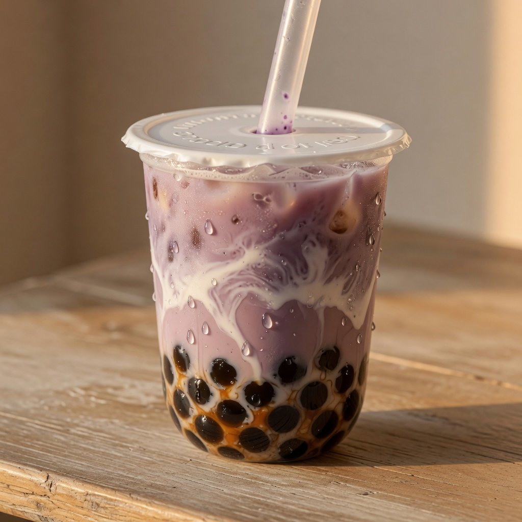 Photorealistic product shot of iced taro bubble tea in a clear frosted plastic cup, condensation beading down curved sides, wide clear straw piercing matte white domed lid. Plump dark brown tapioca pearls settled at the base, swirled creamy purple tea with soft marbled cream streaks, fine ice crystals glinting inside. Resting on weathered light oak table, soft golden hour side lighting casting gentle long shadows, warm neutral beige background. Shallow depth of field, sharp focus on glass texture and pearl details, professional food photography aesthetic, soft moody warm colour palette with rich lavender and caramel tones. — Grok Imagine Image Quality