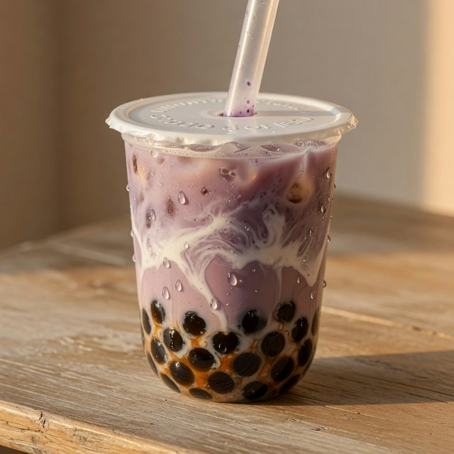 Photorealistic product shot of iced taro bubble tea in a clear frosted plastic cup, condensation beading down curved sides, wide clear straw piercing matte white domed lid. Plump dark brown tapioca pearls settled at the base, swirled creamy purple tea with soft marbled cream streaks, fine ice crystals glinting inside. Resting on weathered light oak table, soft golden hour side lighting casting gentle long shadows, warm neutral beige background. Shallow depth of field, sharp focus on glass texture and pearl details, professional food photography aesthetic, soft moody warm colour palette with rich lavender and caramel tones. — Grok Imagine Image Quality