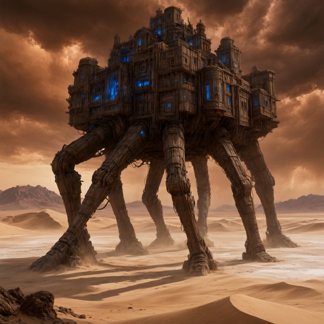 A colossal walking citadel crosses a salt desert, its ironwood legs striding through windblown dunes beneath a copper storm. Blue furnace light leaks from carved windows, casting a long shadow toward distant mountains. — Qwen Image 3.0