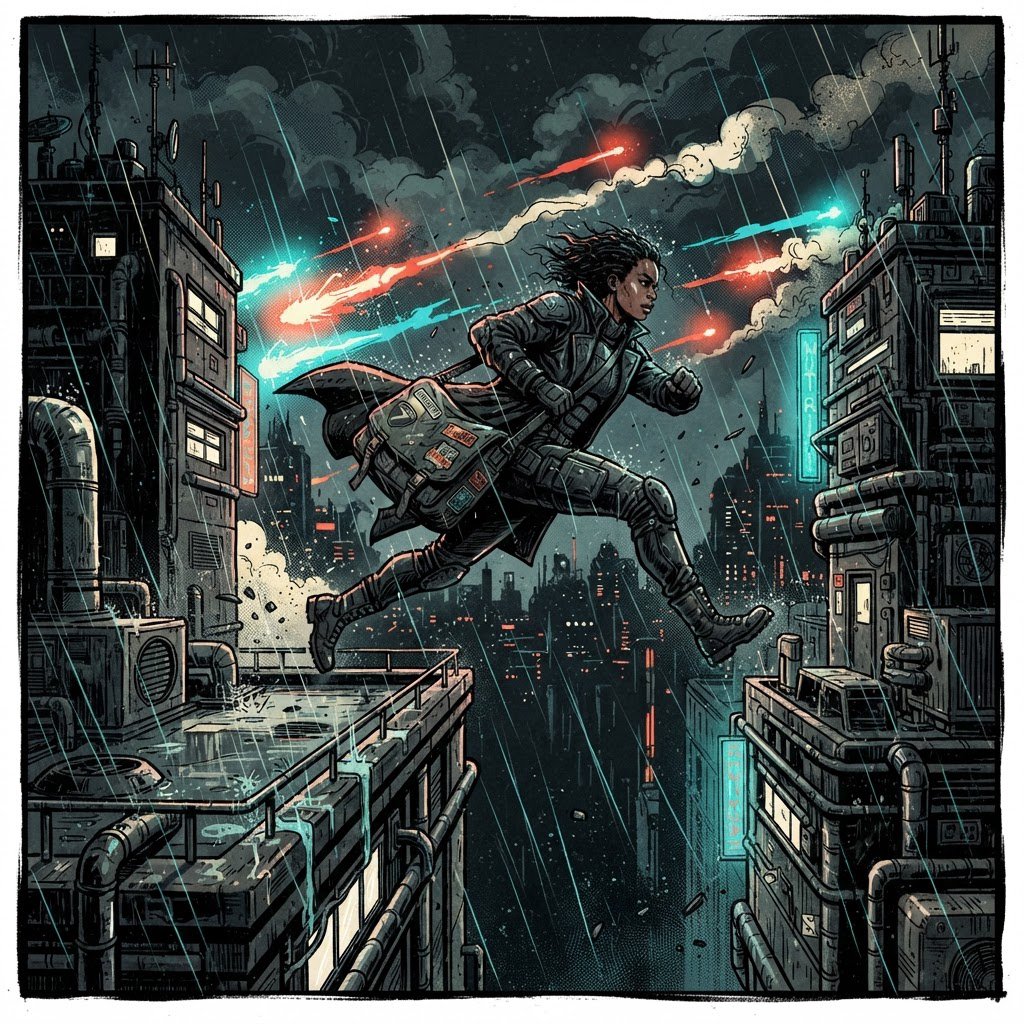 An adult rooftop courier vaults between rain-dark towers, coat snapping as signal flares streak behind; bold ink comic-panel illustration with dense halftone shadows, palette of electric cyan, vermilion, charcoal, and cream, no speech bubbles. — Nano Banana 2 Lite