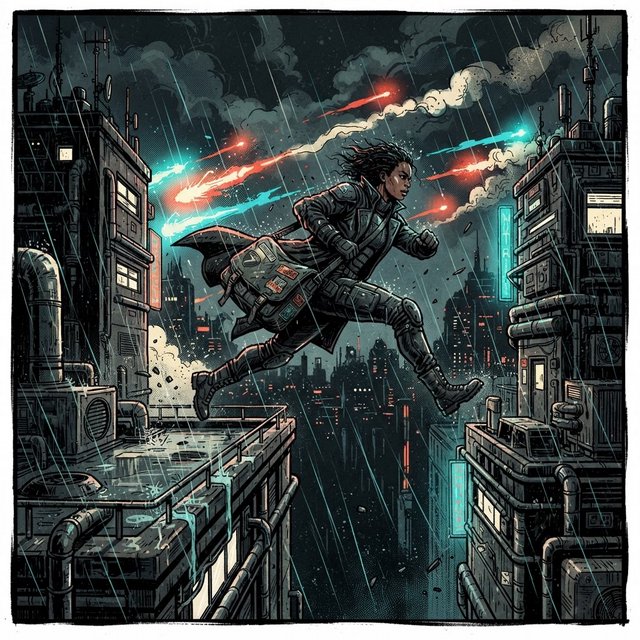 An adult rooftop courier vaults between rain-dark towers, coat snapping as signal flares streak behind; bold ink comic-panel illustration with dense halftone shadows, palette of electric cyan, vermilion, charcoal, and cream, no speech bubbles. — Nano Banana 2 Lite