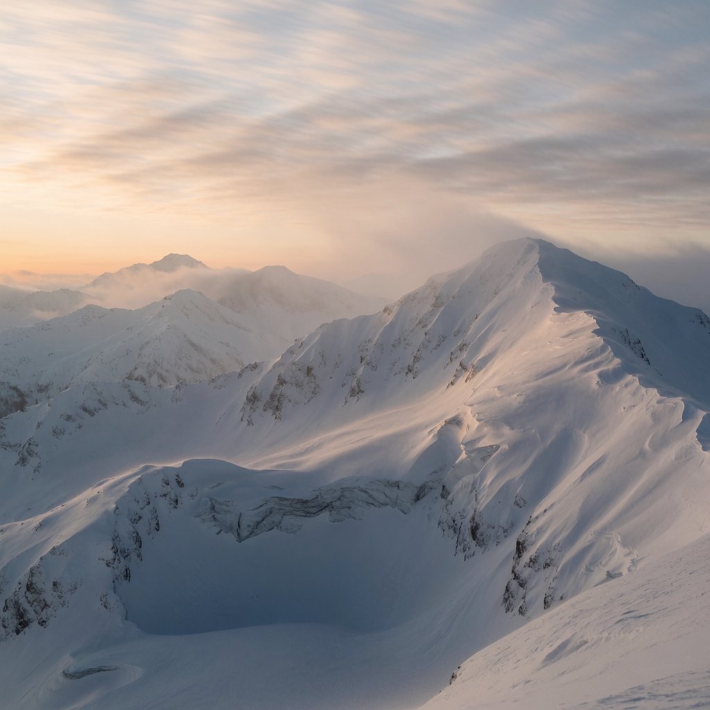 Wind combs a high granite ridge above a glacial cirque at sunrise, beneath clearing snow squalls; granular rime crusts foreground boulders while successive peaks dissolve into blue cloud shadow. — Krea 2 Medium