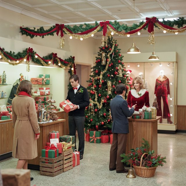 A UK department store in the 1970s at Christmas time. The lighting and decor will be very festive, with staff members dressed in festive outfits. — Ideogram v4.5