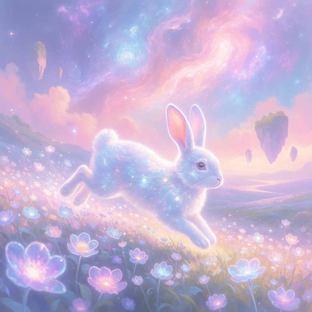 An ethereal rabbit, its fur made of shimmering moonlight, hops through a field of glowing, otherworldly flowers under a sky filled with nebulae. The landscape is dreamlike and surreal, with floating islands in the distance. The style is a delicate digital painting with fantasy elements, evoking a sense of wonder and tranquility. — Krea 2 Medium