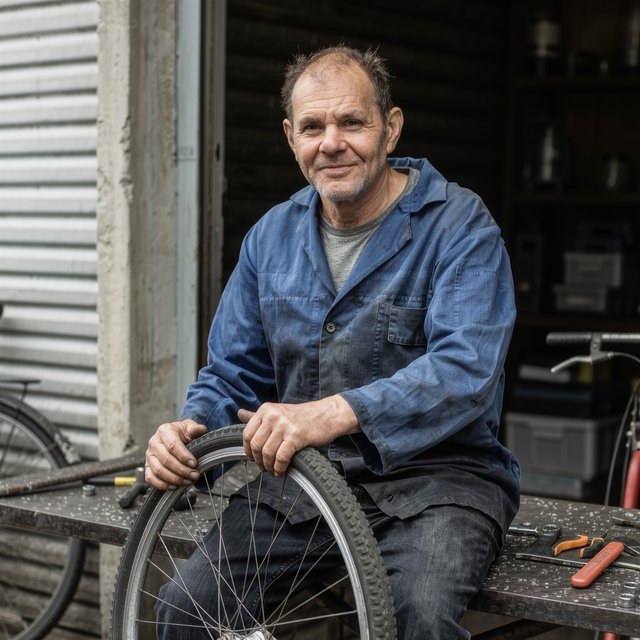 Candid documentary photograph of an adult bicycle mechanic repairing a flat tire outside a neighborhood workshop, soft overcast daylight, 35mm lens with moderate depth of field, greasy fingerprints, dust, and tiny metal shavings visible on the workbench. — Kling v3 Omni