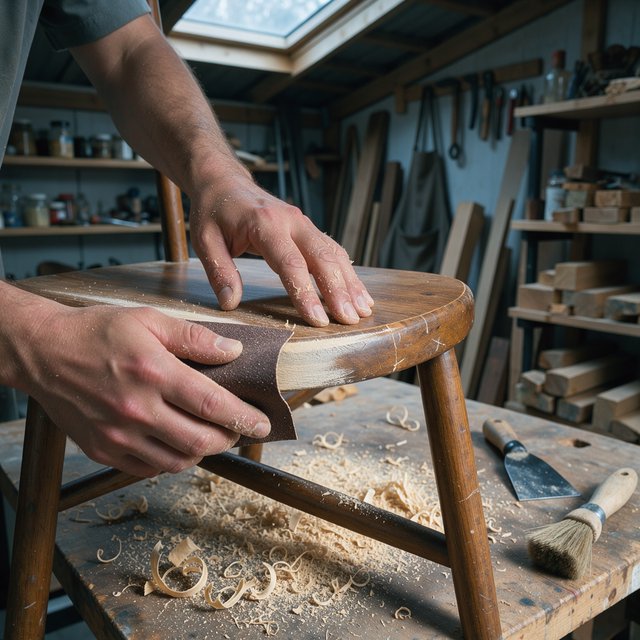 Fine curls gather beneath adult hands sanding the edge of a wooden chair in a quiet repair shed. A real-world workshop snapshot in cool skylight, using a normal lens at shallow depth of field, catches pale sawdust clinging to the knuckles. — FLUX 3 Image