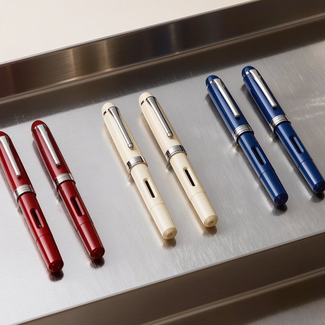 Across a brushed steel counter, exactly six fountain pens rest in three groups: two crimson pens on the left, two ivory pens in the center, and two cobalt pens on the right; nothing else. — Kling v3