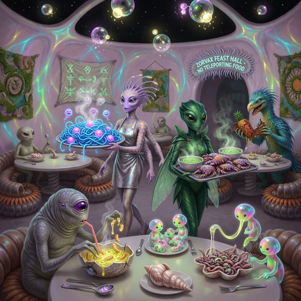 An alien restaurant on a strange planet. The interior is well lit, but the décor is very strange and out of this world. Alien waitresses are bringing in platters of food. Alien diners are eating very unusual dishes. — Grok Imagine Image Quality
