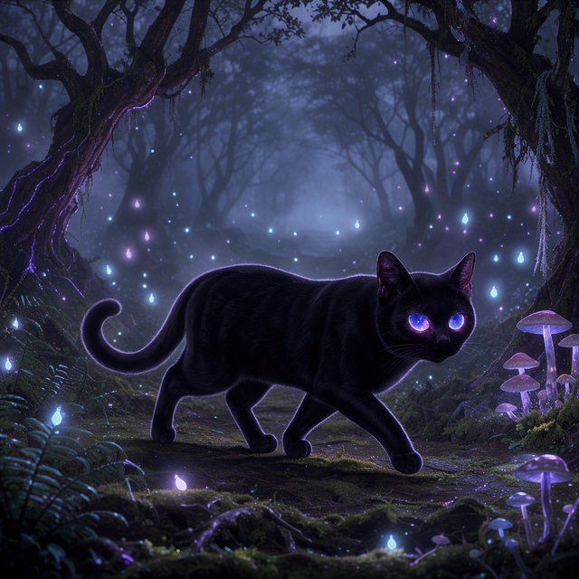 A sleek, obsidian cat with fur that seems to absorb all light, walks with quiet grace through a tranquil, mist-shrouded forest. Its eyes glow with an inner cosmic energy, reflecting distant nebulae. Ethereal fireflies drift around it, illuminating ancient, gnarled trees and glowing mushrooms. The style is deeply atmospheric, emphasizing soft focus and a palette of deep purples and blues. — FLUX 3 Image Klein