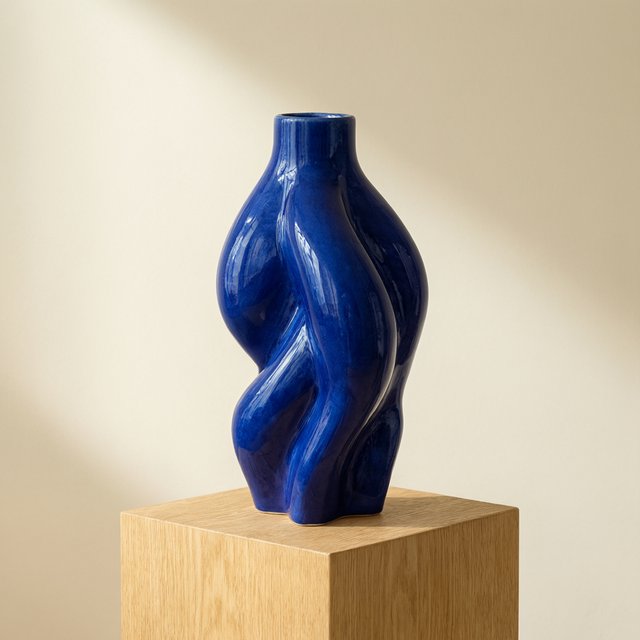 Commercial product photograph of an unbranded sculptural ceramic vase, formed from glossy cobalt porcelain, standing on a pale oak pedestal against a warm ivory background, illuminated by soft directional daylight and subtle fill. — Qwen Image 3.0 Pro