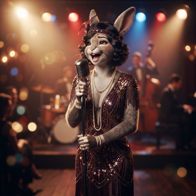 Anthropomorphic rabbit-human hybrid. No human ears visible; the areas where ears would normally be are covered by rabbit fur. A pulchritudinous East Asian 32-year-old wearing a luxurious flapper dress with a deep V split down the center, standing on stage behind a luxurious retro microphone, singing her heart out into it. Taken with a professional DSLR camera and a 35mm lens. Background bokeh, stage lights with a bloom effect. — Nano Banana 2 Lite