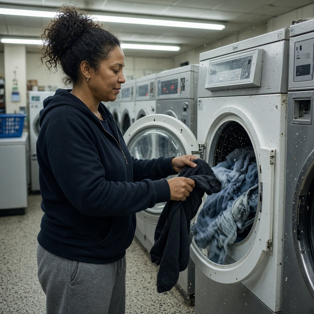 Candid documentary photograph of an adult sorting laundry in a neighborhood laundromat, cool fluorescent light, 35mm lens with moderate depth of field, lint specks floating near a tumbling dryer door. — Grok Imagine Image 2
