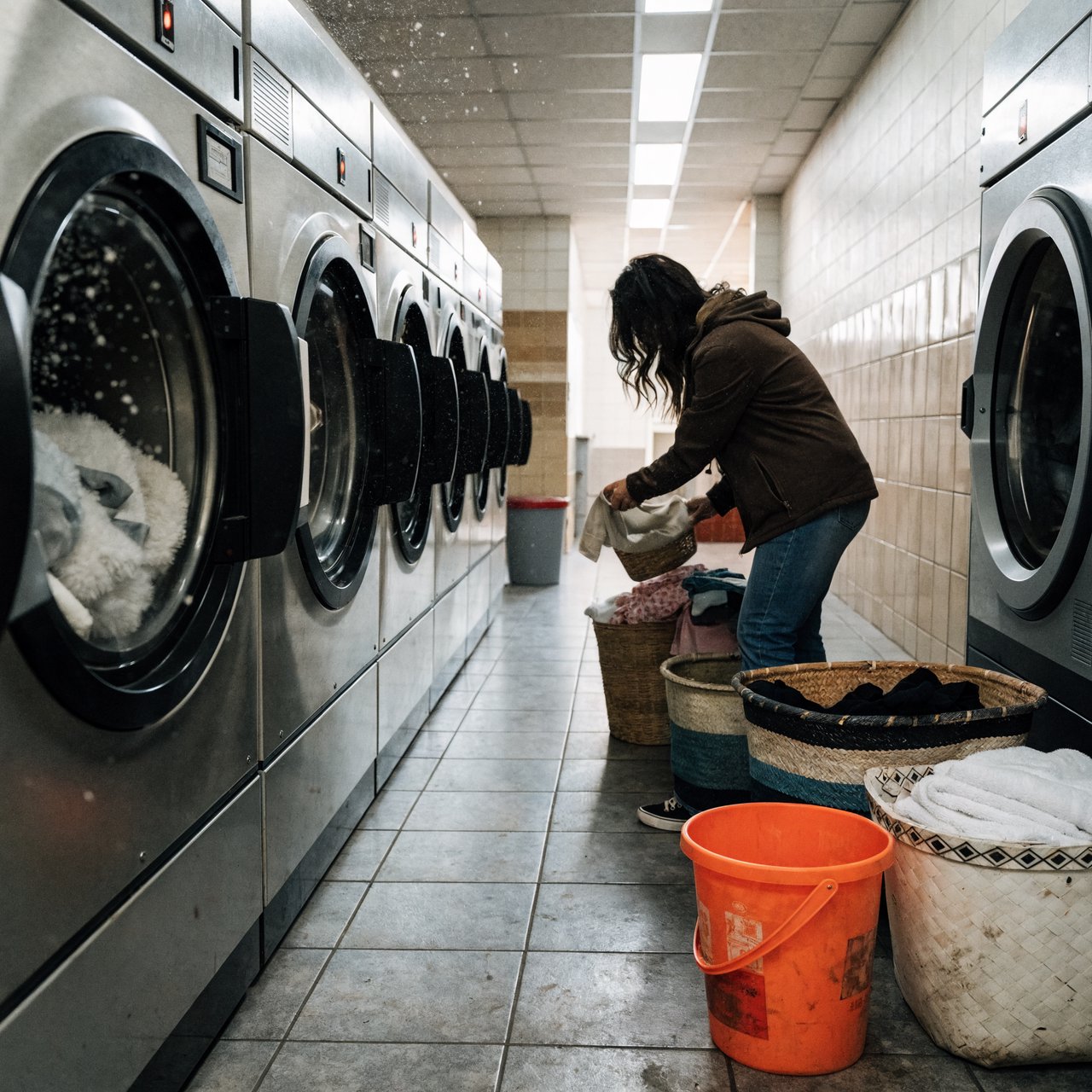 Candid documentary photograph of an adult woman sorting clothes in a self-service laundromat, cool fluorescent light, 35mm lens with moderate depth of field, loose lint suspended above a tumbling machine, worn baskets and tiled walls rendered naturally. — Recraft v4 Pro